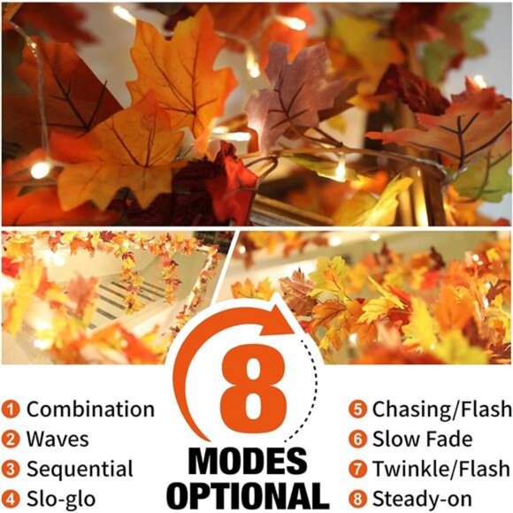 2 Pack Fall Maple Garland with 40 LED String Light- 5.8ft/Piece - Picture 5 of 7